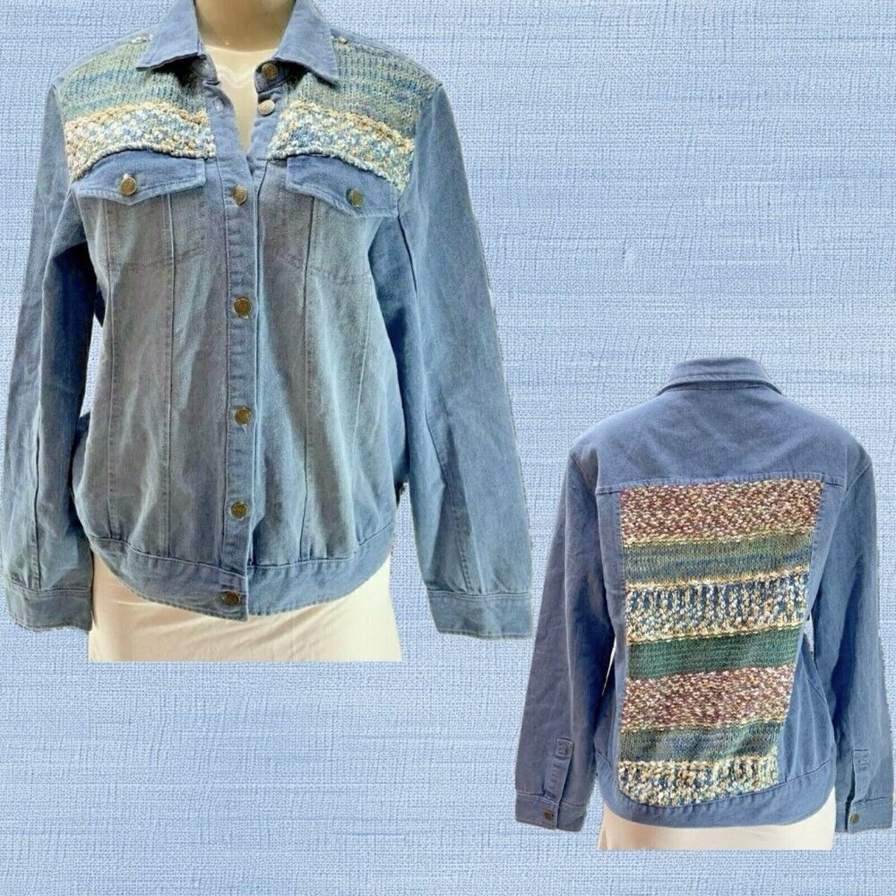 OSO Casuals S Denim Blue Crochet Detail Button Pockets Collar Long Sleeve Jacket